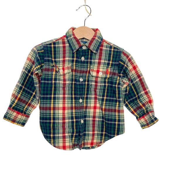 Polo Ralph Lauren Plaid Flannel Button Up Shirt Suede Elbow Patch Size 18 Months - Picture 1 of 11